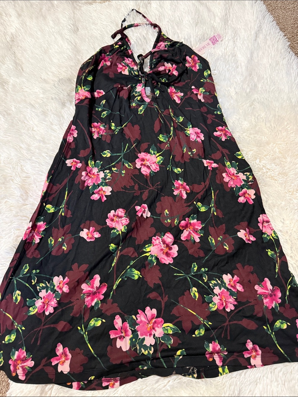 Adore Me Black Halter Nightdress with Pink Floral Print
